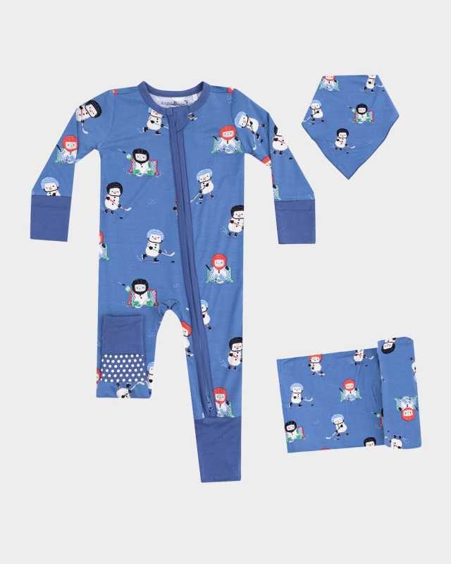 Boy's Snow Folks Ice Hockey 2-Way Romper, Bib and Blanket Set, Size 0M-24